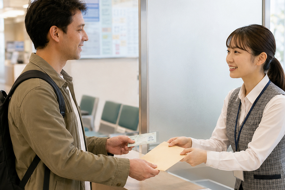 Resident receiving an official document envelope after form verification at a Japanese counter