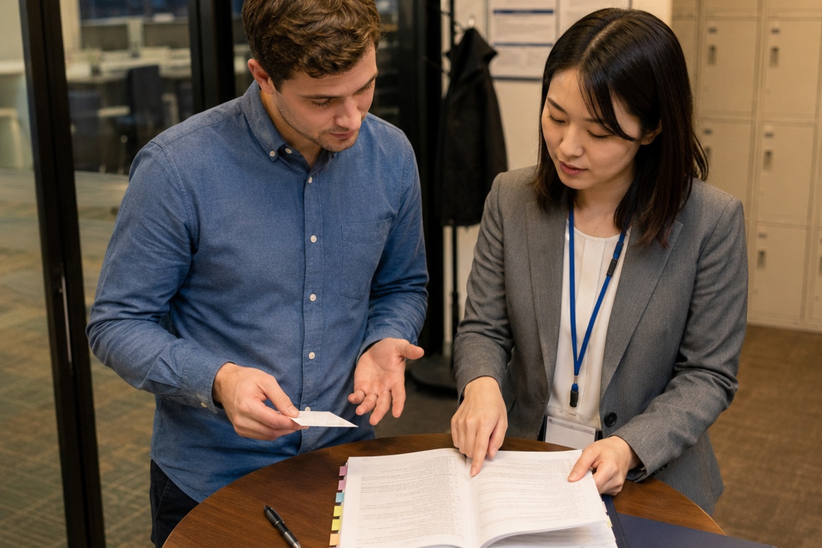 New hire reviewing an employment contract with HR in Japan
