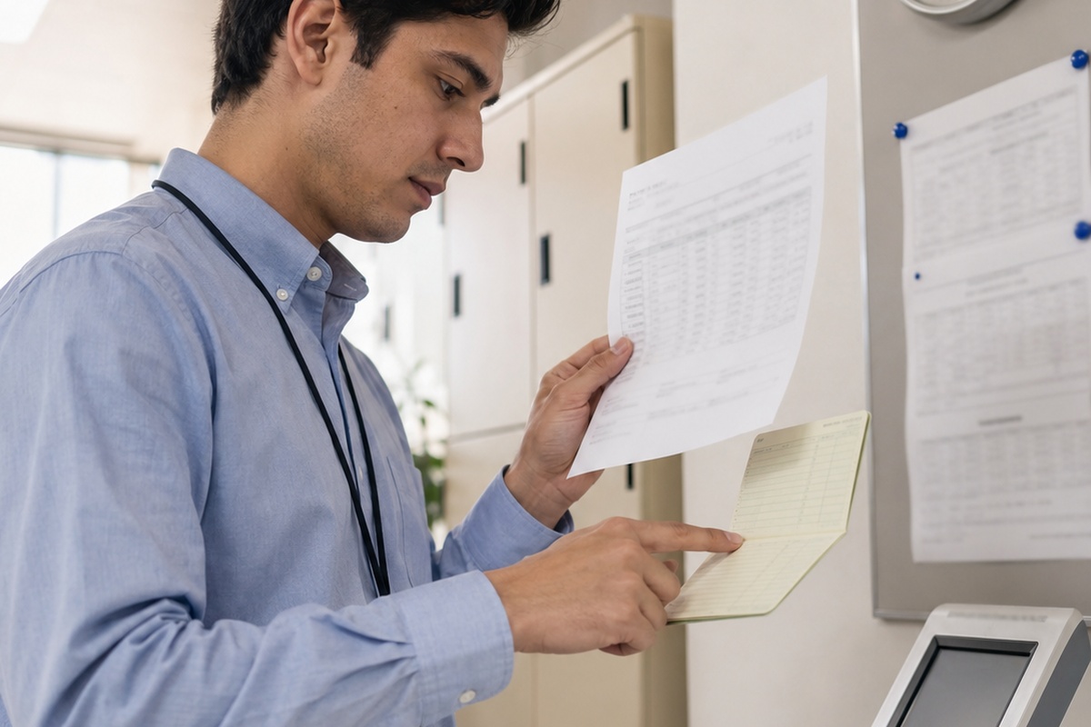 Employee checking salary and payroll documents at work