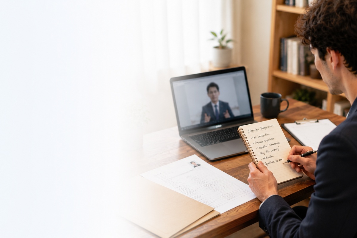 Job candidate reviewing interview notes and employment documents