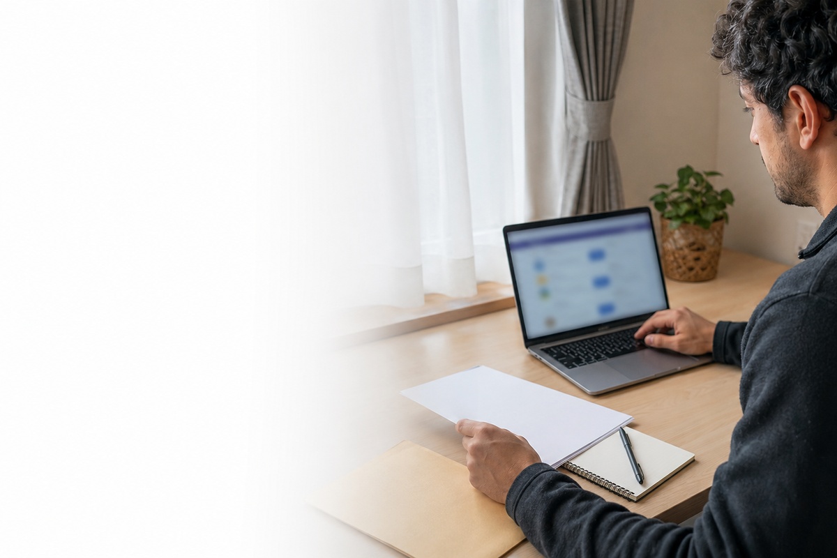 Foreign resident reviewing job offer documents before accepting