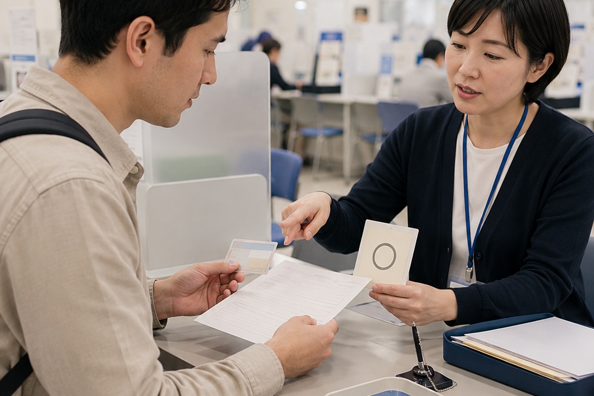 Foreign resident discussing naturalization documents with a public office clerk in Japan
