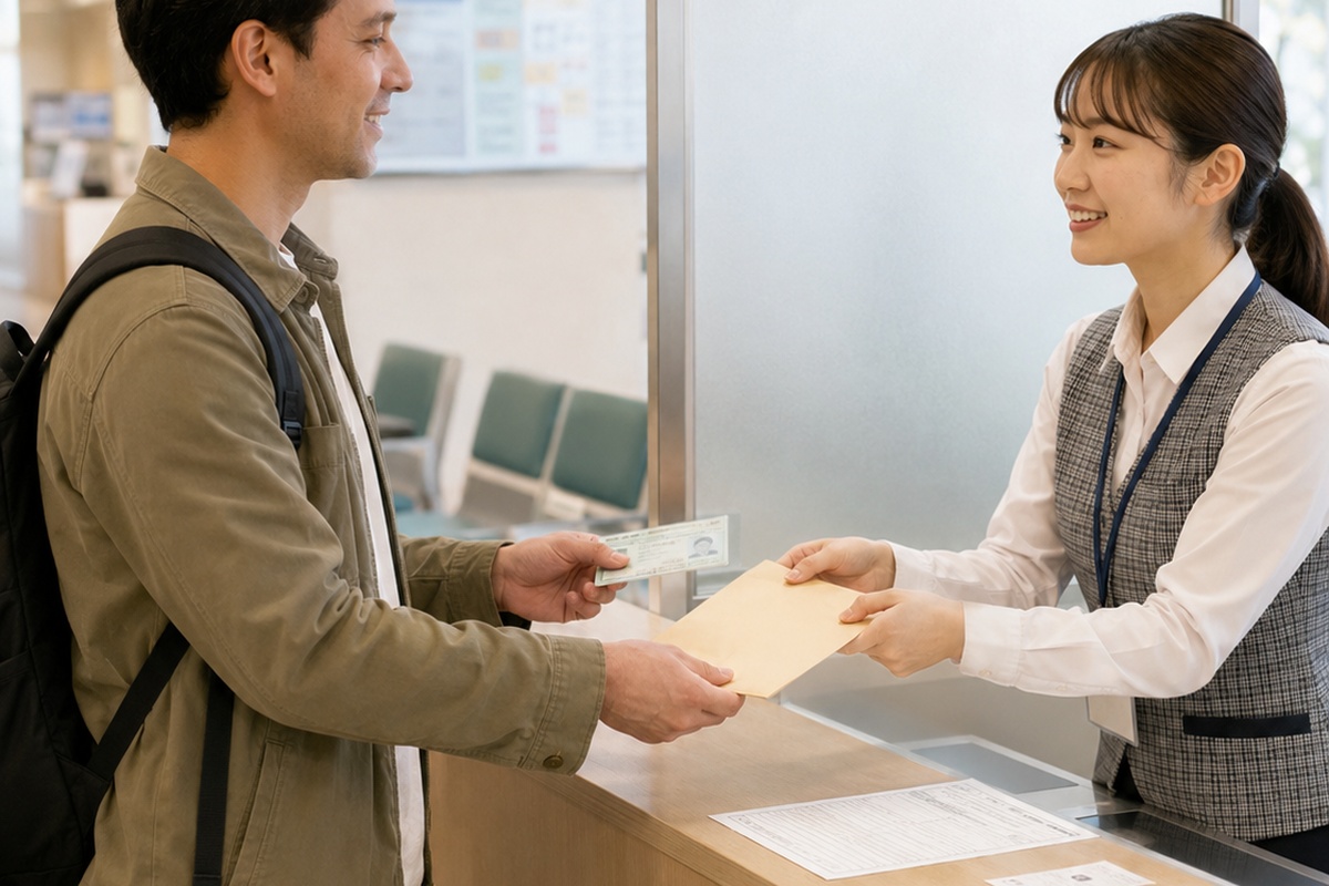 Resident handling identity and certificate documents at a Japanese public office