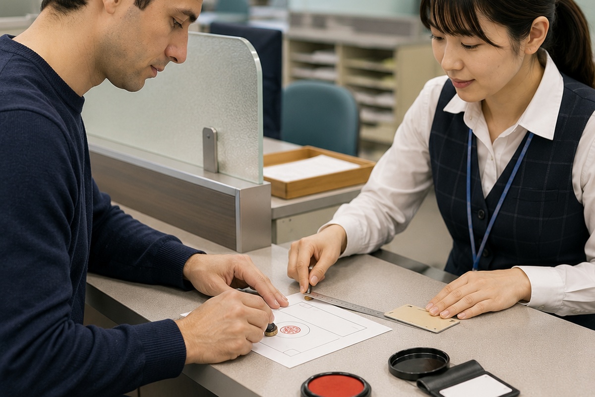 Applicant completing formal paperwork at a Japanese administrative service counter