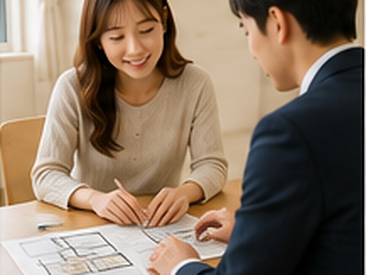 Prospective tenant reviewing an apartment floor plan with a real estate agent
