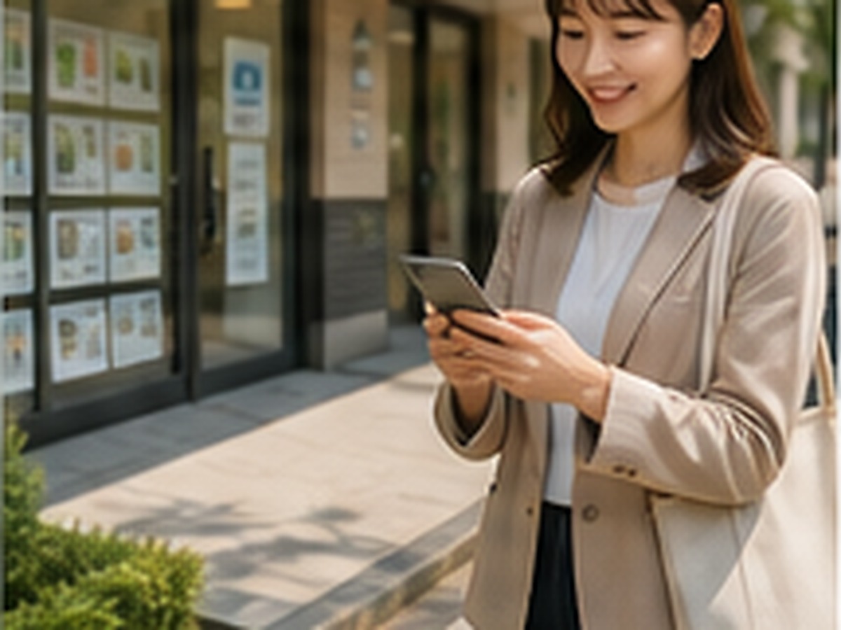 Resident comparing apartment options outside a real estate office
