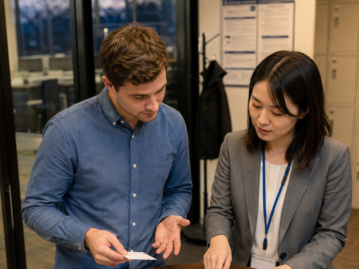 Foreign resident reviewing rental documents with a staff member in Japan