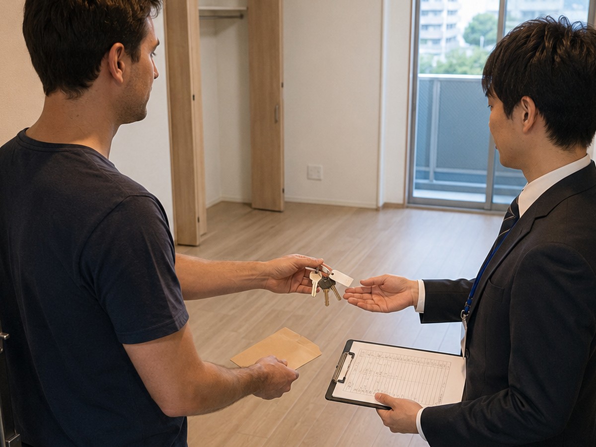 Apartment key handover between a resident and property staff in Japan