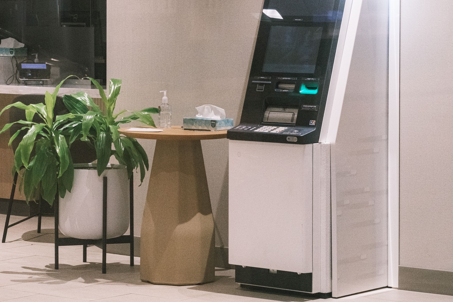 Self-service ATM in a clean modern bank lobby