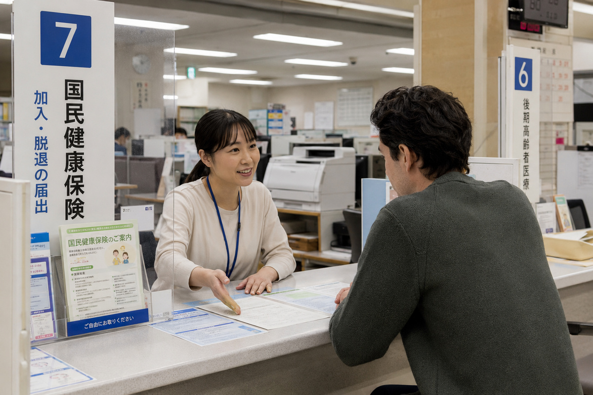 Resident speaking with a city hall National Health Insurance counter clerk in Japan