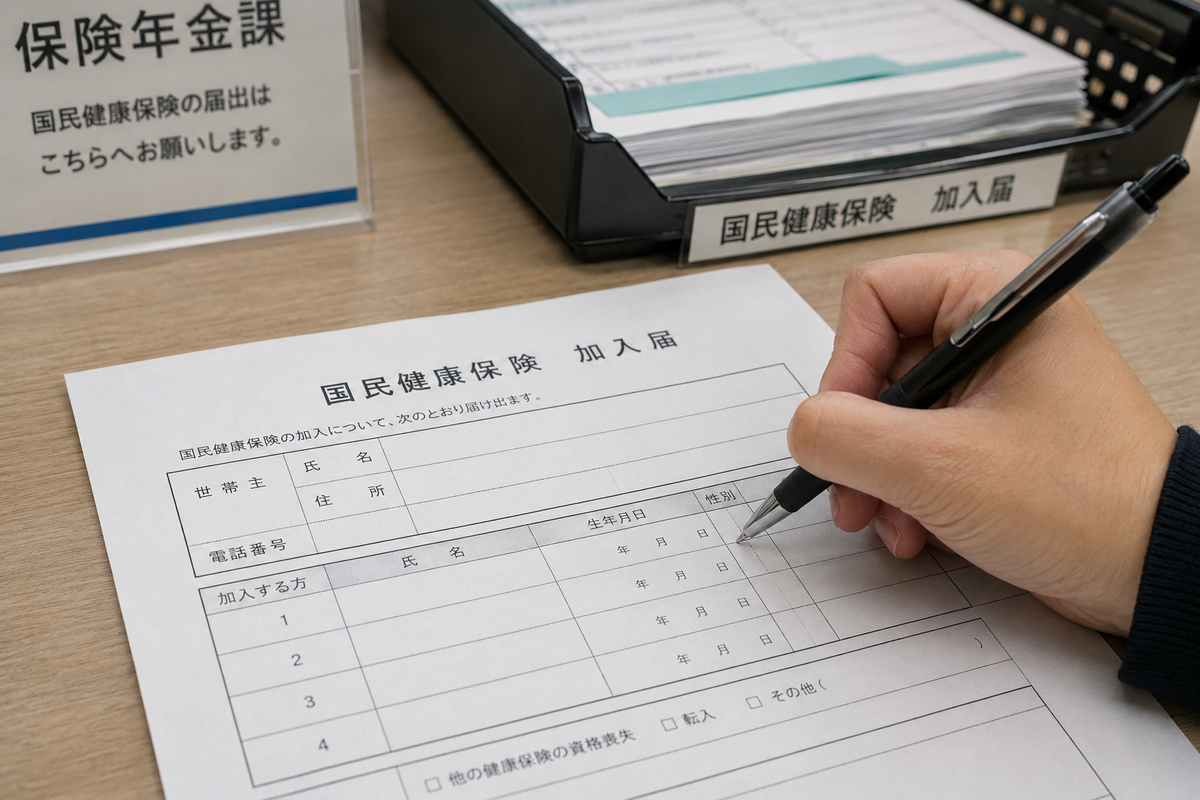 National Health Insurance enrollment form being completed at a municipal office in Japan