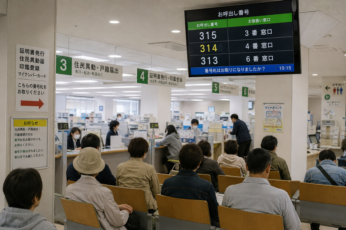 Waiting area and queue number display at a Japanese municipal office
