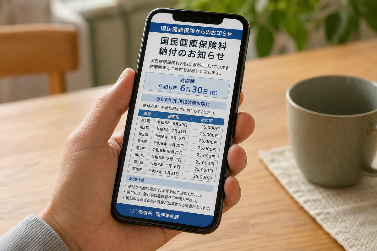 Smartphone displaying a National Health Insurance premium payment notice in Japan