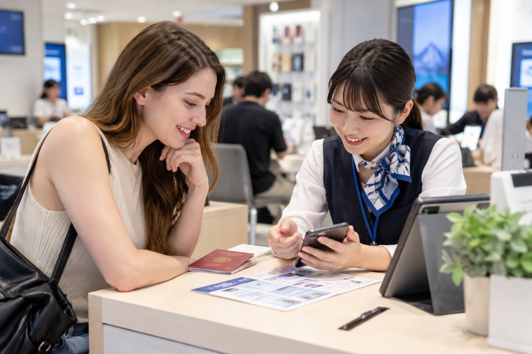 Foreign resident discussing mobile phone setup with staff at a service counter in Japan