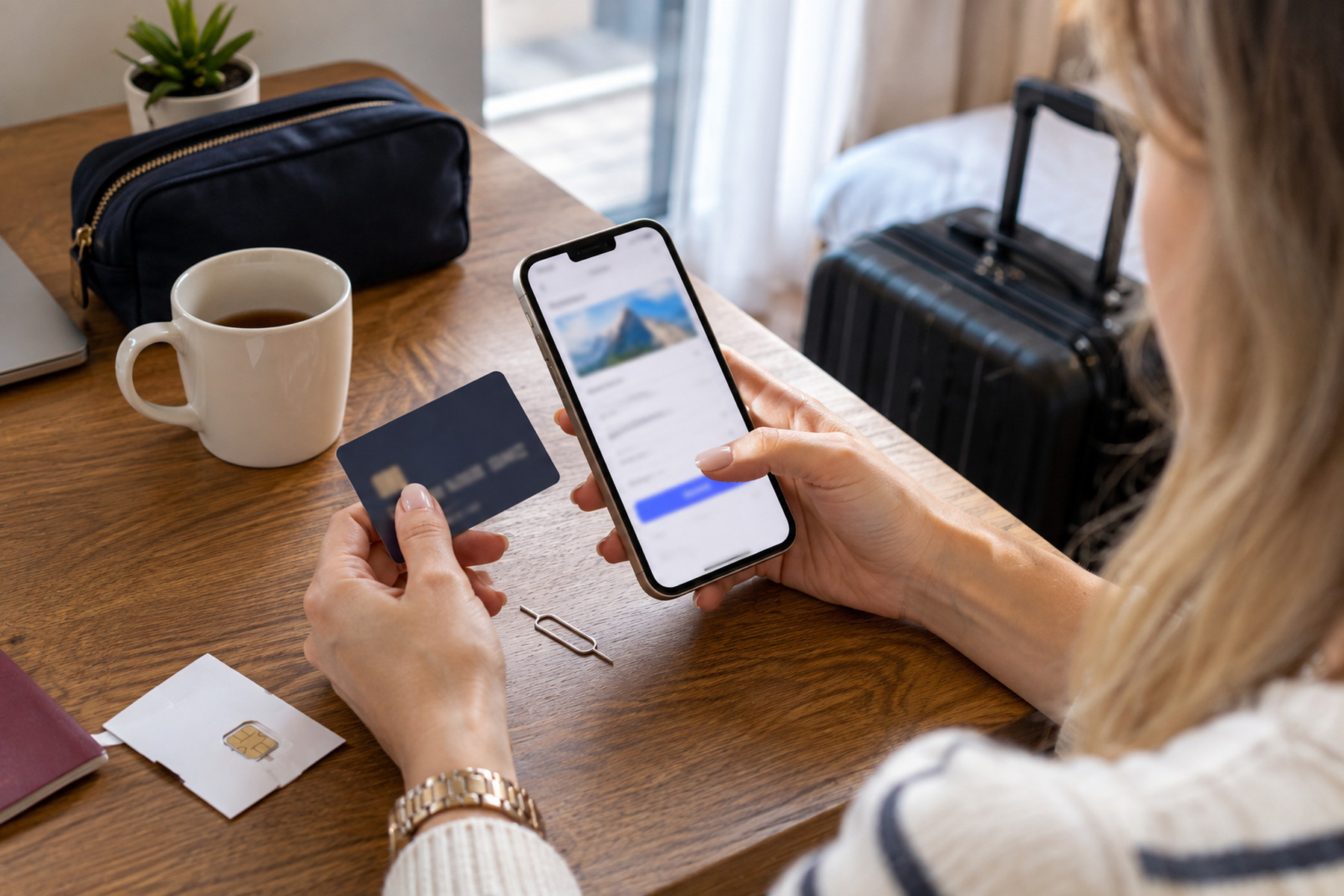 Person paying for a SIM online with a bank card and smartphone