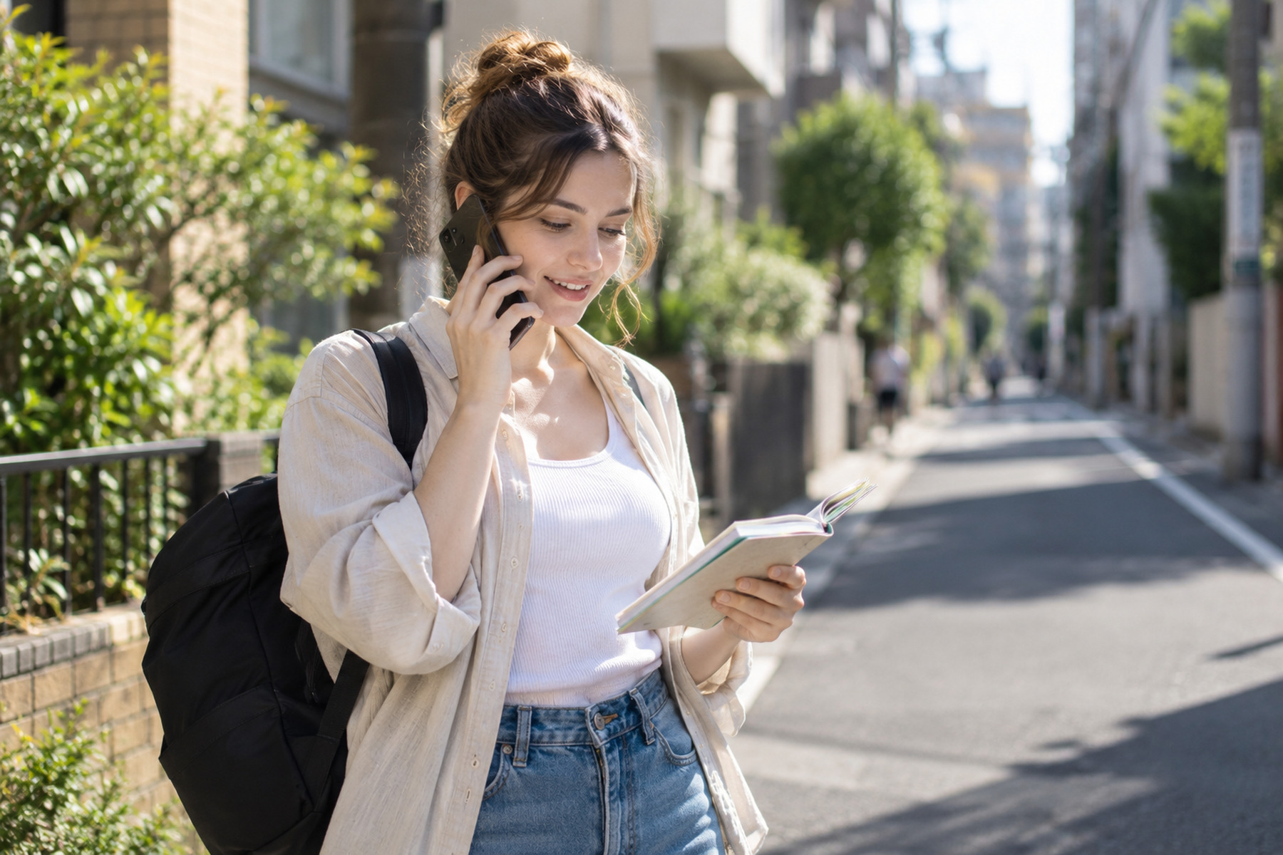 Foreign resident using a smartphone while walking through a residential neighborhood in Japan