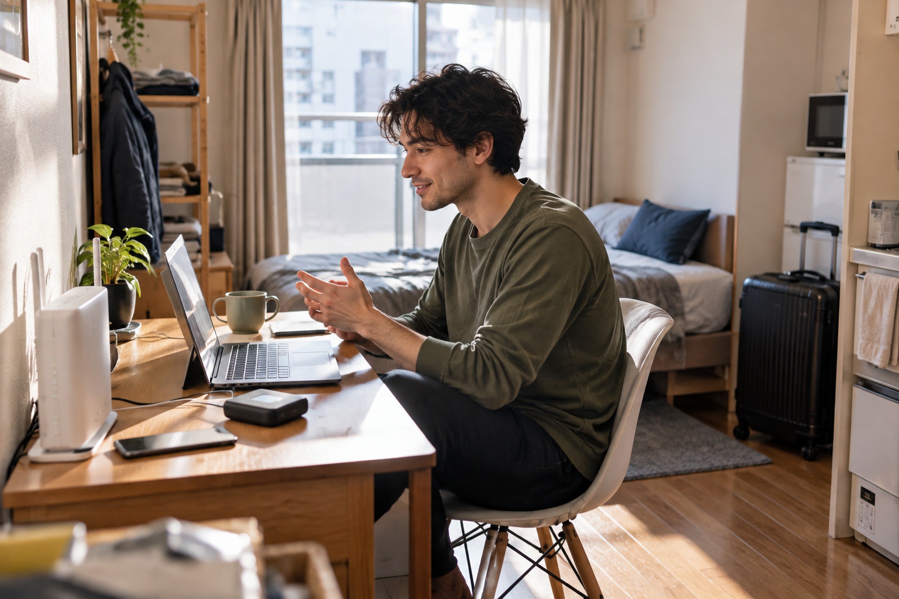 Resident working on a laptop in a small apartment with a home router and portable WiFi nearby