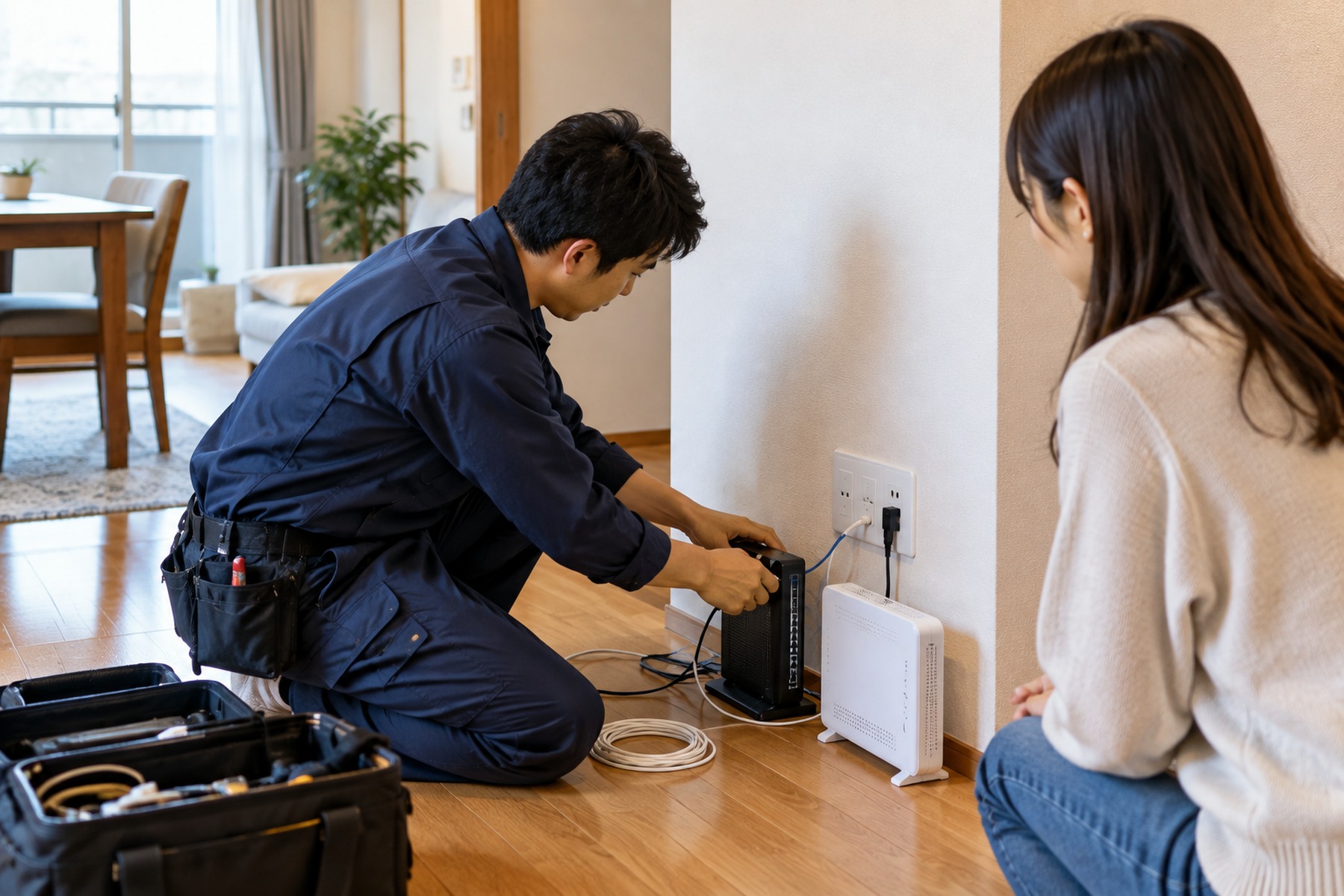 Technician installing fiber internet equipment in a Japanese apartment