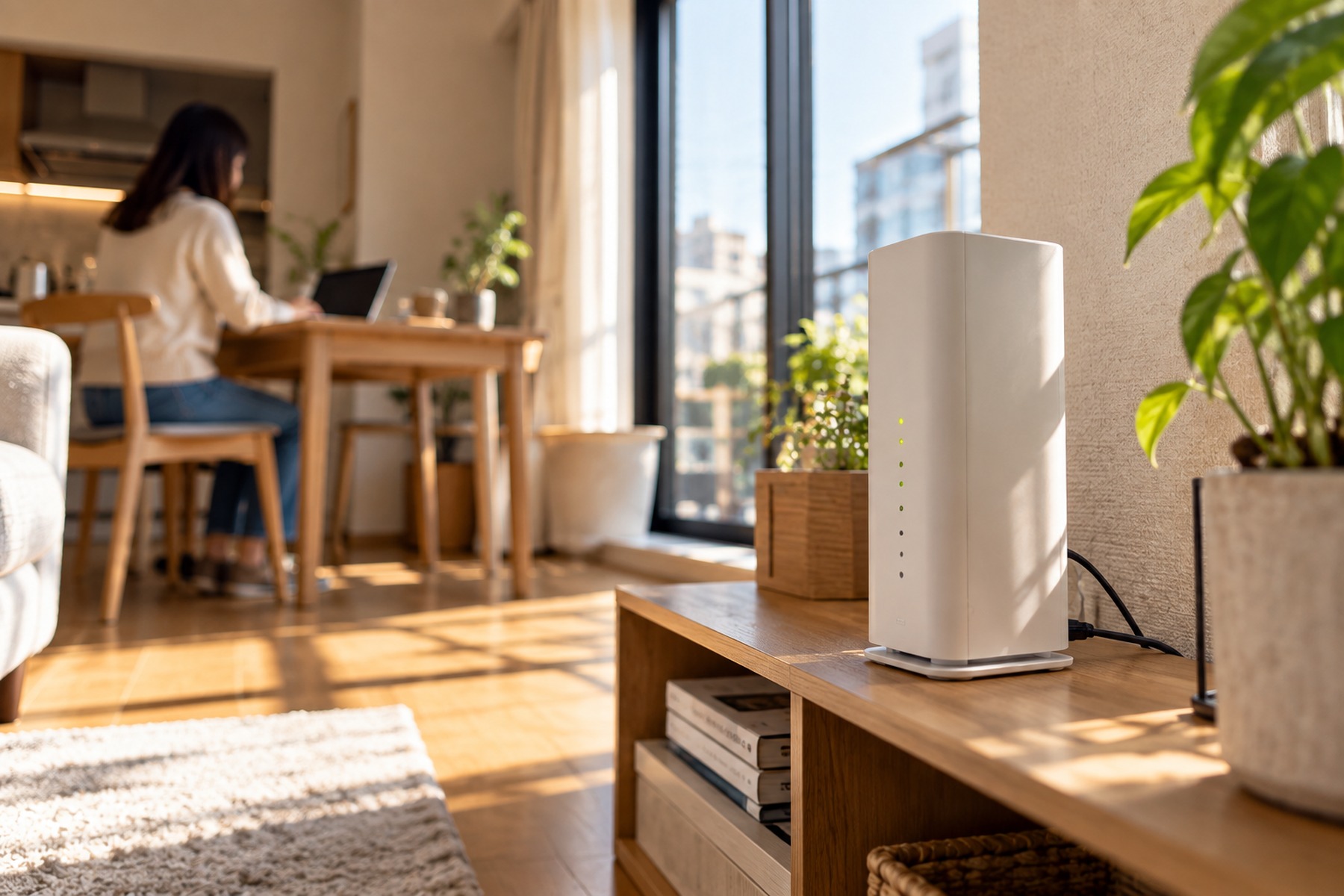 Plug-in home WiFi router in a Japanese apartment with a resident working in the background
