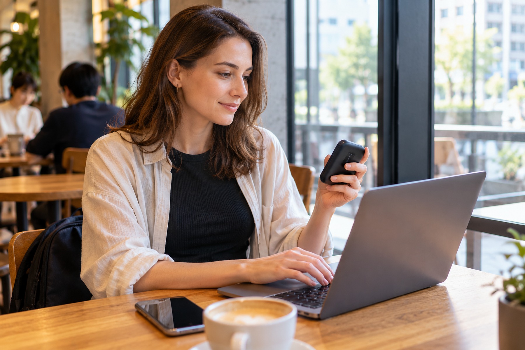 Resident using a pocket WiFi device with a laptop in a cafe