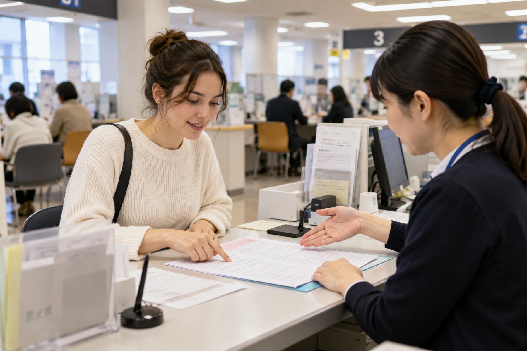 Resident reviewing address registration paperwork with staff at a municipal office counter in Japan