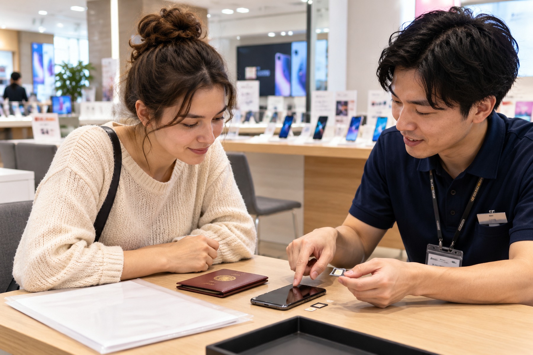 Resident discussing a SIM card and Japanese phone setup with staff at a mobile phone shop