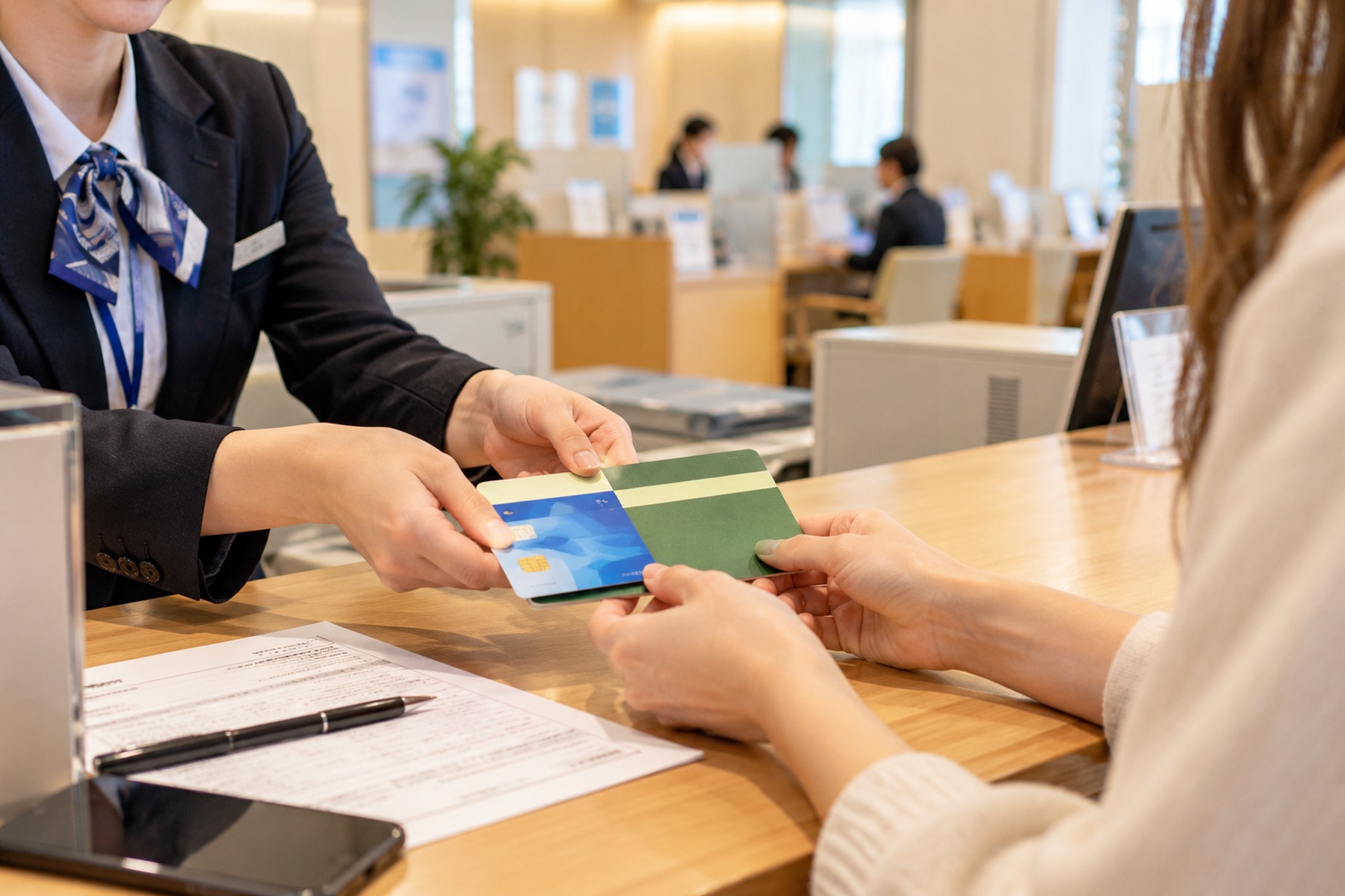 Bank employee handing a cash card and passbook to a new customer at a bank counter