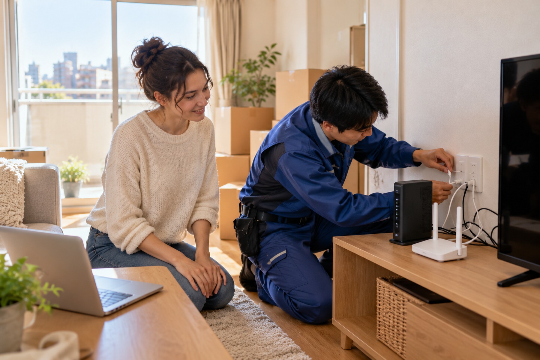 Technician connecting home internet equipment in a newly occupied apartment in Japan